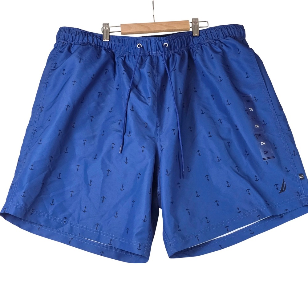 Nautica Mens Blue Anchor Print Swim Trunks 2XL Nautical Mesh Lined Board Shorts